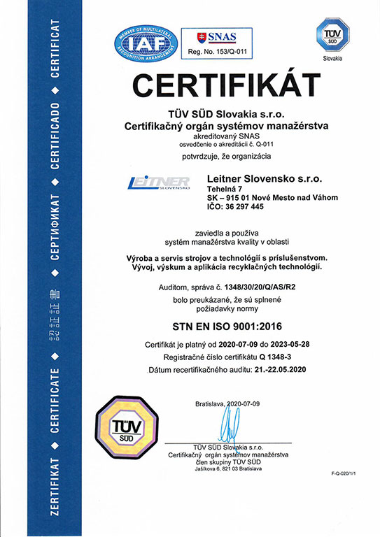 certifikát STN EN ISO 9001:2016